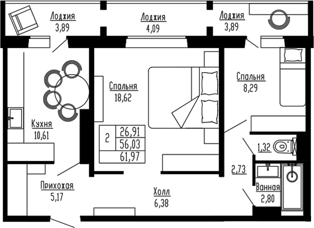 Планировка 2-к.кв 56.02 м² в ЖК «Два поэта»