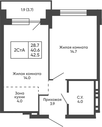 Планировка 2е-к.кв 40.60 м² в ЖК «Сподвижники»