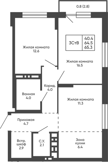 Планировка 3е-к. квартира 64.50 м² в ЖК «Сподвижники»