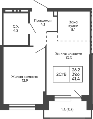 Планировка 2е-к.кв 39.60 м² в ЖК «Сподвижники»