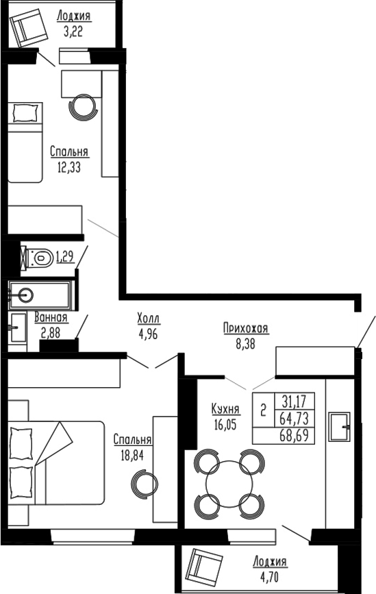 Планировка 2-к.кв 64.73 м² в ЖК «Два поэта»