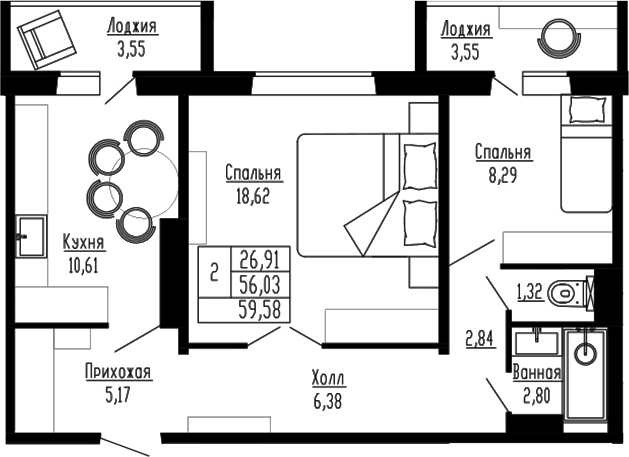 Планировка 2-к.кв 56.02 м² в ЖК «Два поэта»