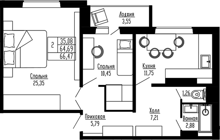 Планировка 2-к.кв 64.69 м² в ЖК «Два поэта»