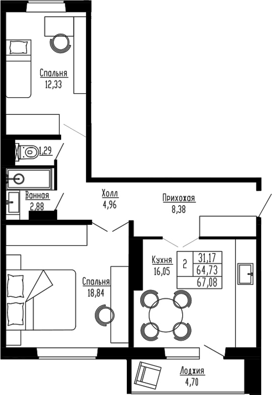 Планировка 2-к.кв 64.73 м² в ЖК «Два поэта»