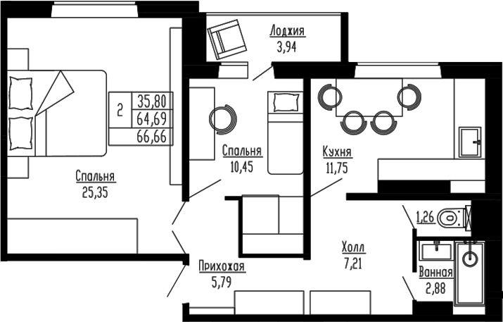 Планировка 2-к.кв 64.69 м² в ЖК «Два поэта»