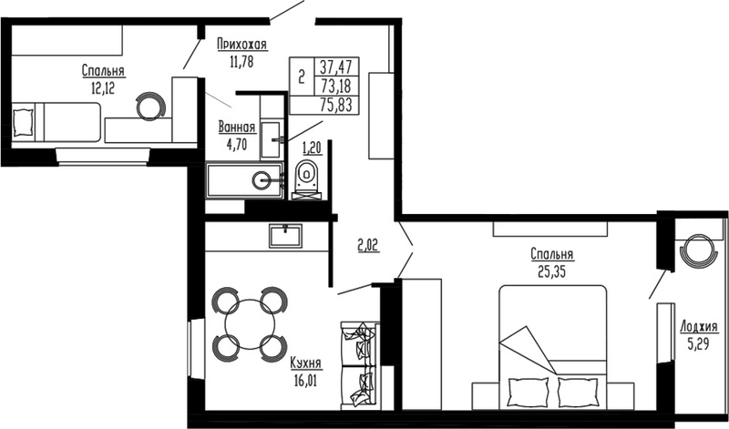 Планировка 2-к.кв 73.18 м² в ЖК «Два поэта»