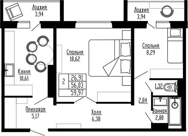Планировка 2-к.кв 56.03 м² в ЖК «Два поэта»