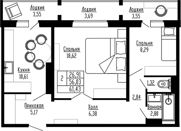 Планировка 2-к.кв 56.02 м² в ЖК «Два поэта»
