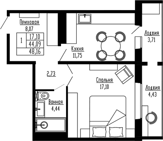 Планировка 1-к.кв 44.08 м² в ЖК «Два поэта»