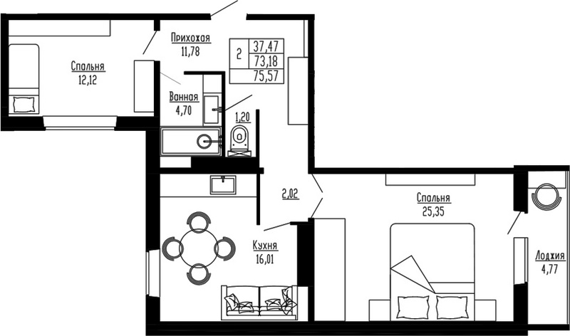 Планировка 2-к.кв 73.19 м² в ЖК «Два поэта»