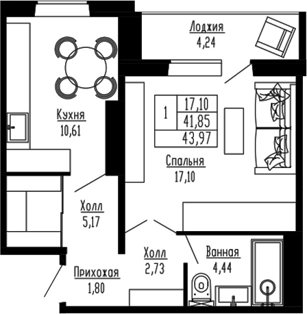 Планировка 1-к.кв 41.85 м² в ЖК «Два поэта»