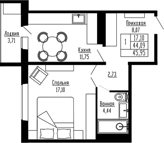 Планировка 1-к.кв 44.09 м² в ЖК «Два поэта»