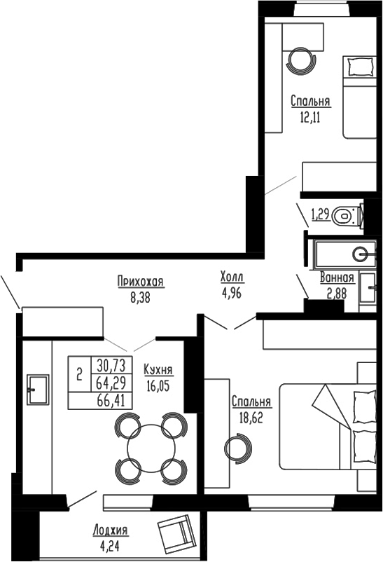 Планировка 2-к.кв 64.29 м² в ЖК «Два поэта»