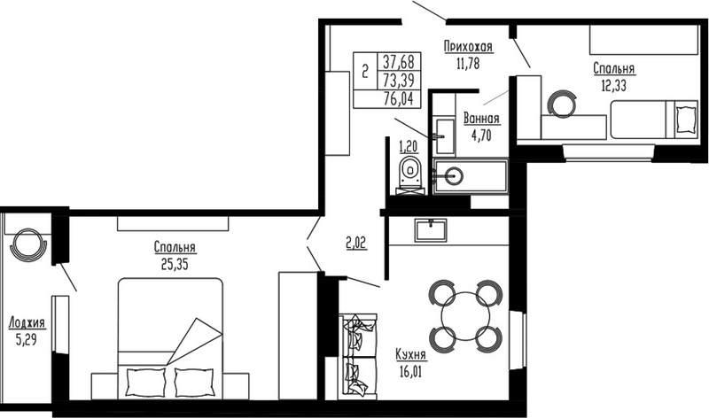 Планировка 2-к.кв 73.39 м² в ЖК «Два поэта»