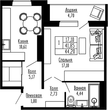 Планировка 1-к. квартира 41.85 м² в ЖК «Два поэта»