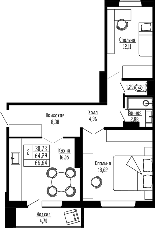 Планировка 2-к.кв 64.29 м² в ЖК «Два поэта»