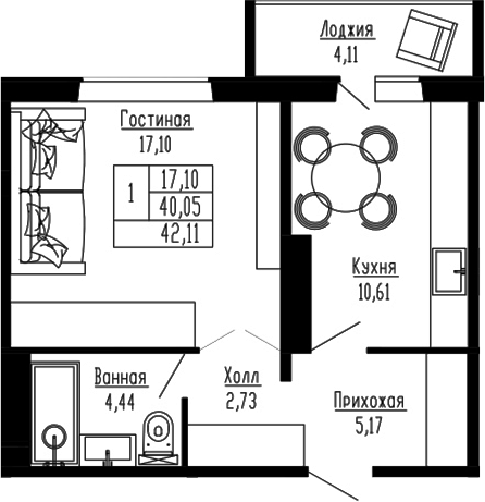 Планировка 1-к.кв 40.05 м² в ЖК «Два поэта»
