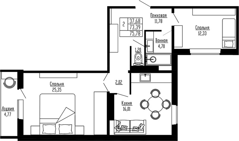 Планировка 2-к.кв 73.40 м² в ЖК «Два поэта»