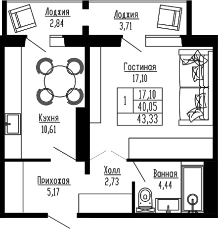Планировка 1-к.кв 40.05 м² в ЖК «Два поэта»
