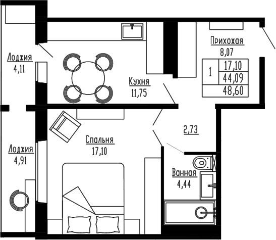 Планировка 1-к.кв 44.08 м² в ЖК «Два поэта»