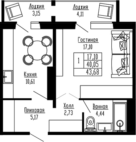 Планировка 1-к.кв 40.04 м² в ЖК «Два поэта»