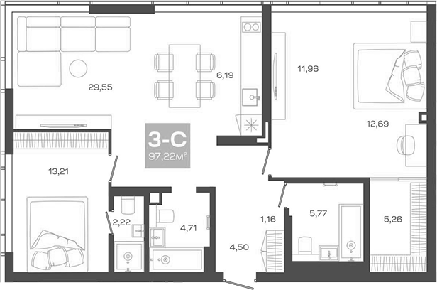 Планировка 3е-к.кв 97.22 м² в ЖК «Пульсар»