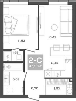 Планировка 2е-к.кв 47.57 м² в ЖК «Пульсар»