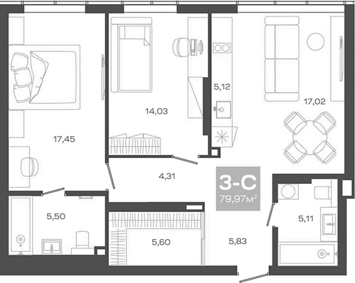 Планировка 3е-к.кв 79.97 м² в ЖК «Пульсар»