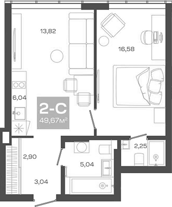 Планировка 2е-к.кв 49.67 м² в ЖК «Пульсар»