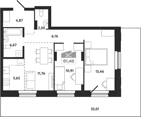 Планировка 3е-к.кв 61.48 м² в ЖК «Квартал 1604. Томск»