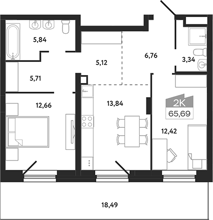 Планировка 2-к.кв 65.69 м² в ЖК «Квартал 1604. Томск»