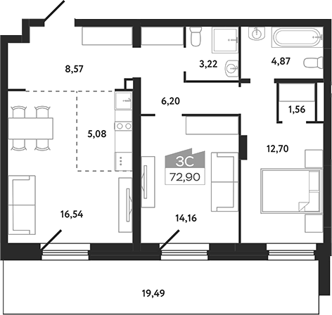 Планировка 3е-к.кв 72.90 м² в ЖК «Квартал 1604. Томск»