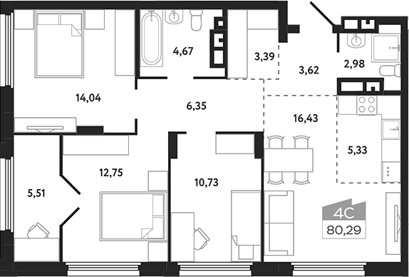 Планировка 4е-к.кв 80.29 м² в ЖК «Квартал 1604. Томск»