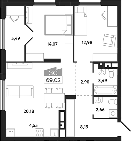 Планировка 3е-к.кв 69.02 м² в ЖК «Квартал 1604. Томск»