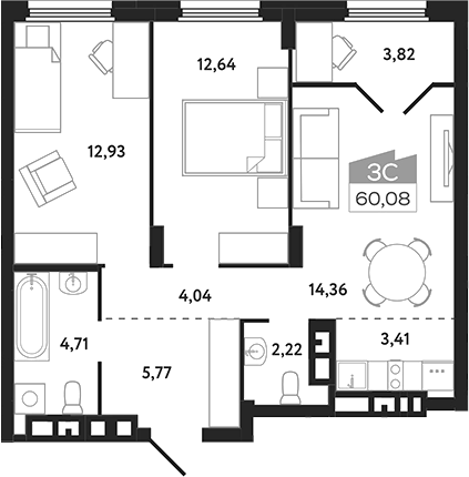Планировка 3е-к.кв 60.08 м² в ЖК «Квартал 1604. Томск»