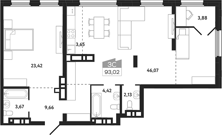 Планировка 2е-к.кв 93.02 м² в ЖК «Квартал 1604. Томск»