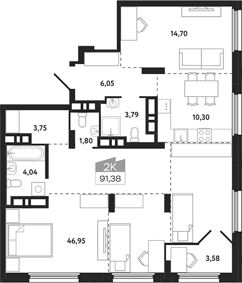 Планировка 1-к.кв 91.38 м² в ЖК «Квартал 1604. Томск»