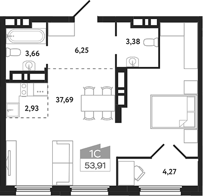 Планировка студии 53.91 м² в ЖК «Квартал 1604. Томск»
