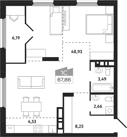Планировка студии 67.86 м² в ЖК «Квартал 1604. Томск»