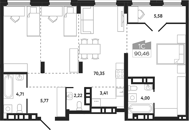 Планировка студии 90.46 м² в ЖК «Квартал 1604. Томск»