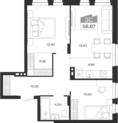 Планировка 3е-к.кв 58.87 м² в ЖК «Базилик»