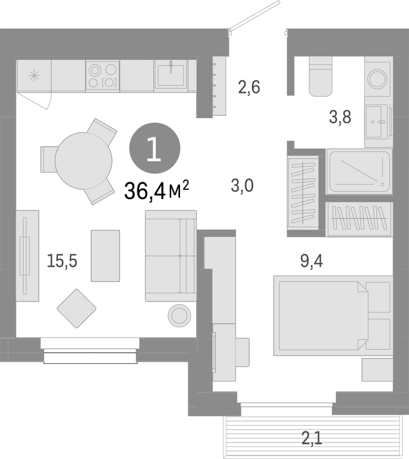 Планировка 2е-к.кв 34.30 м² в ЖК «Лебедевский»