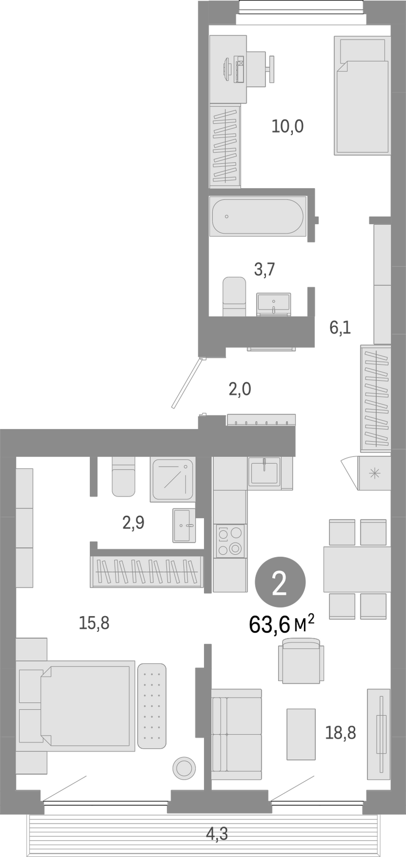 Планировка 3е-к.кв 59.30 м² в ЖК «Лебедевский»