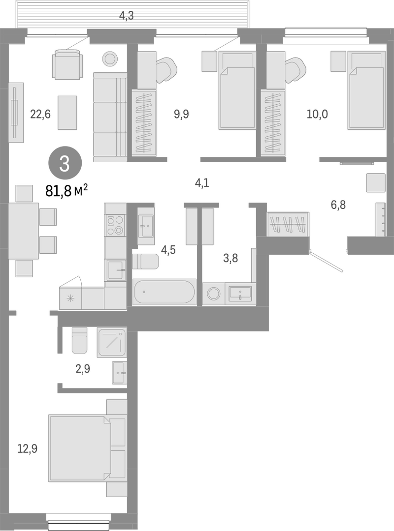 Планировка 4е-к.кв 77.50 м² в ЖК «Лебедевский»