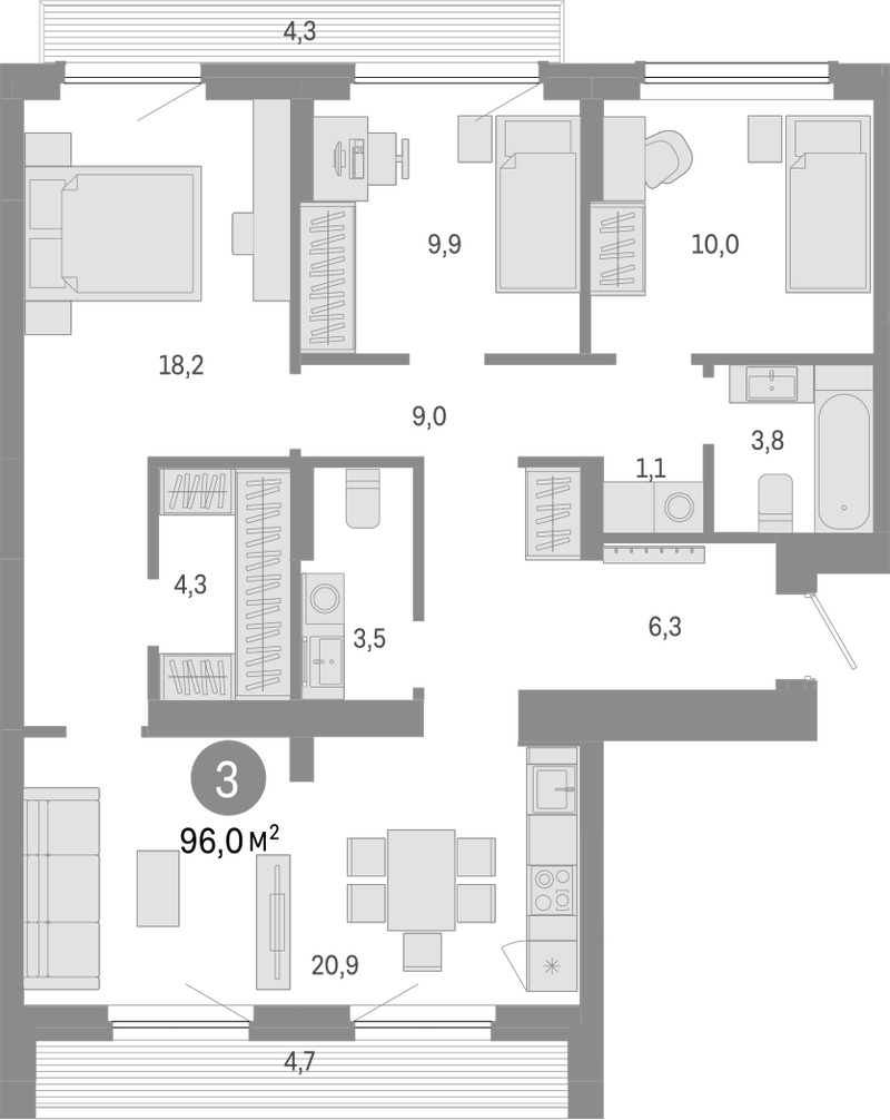 Планировка 4е-к.кв 87.00 м² в ЖК «Лебедевский»