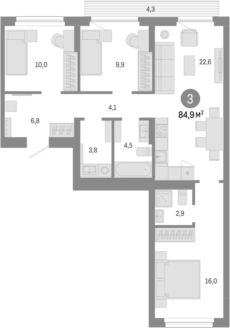 Планировка 4е-к.кв 80.60 м² в ЖК «Лебедевский»