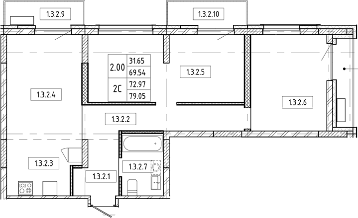 Планировка 3е-к.кв 69.54 м² в ЖК «Европейский берег»