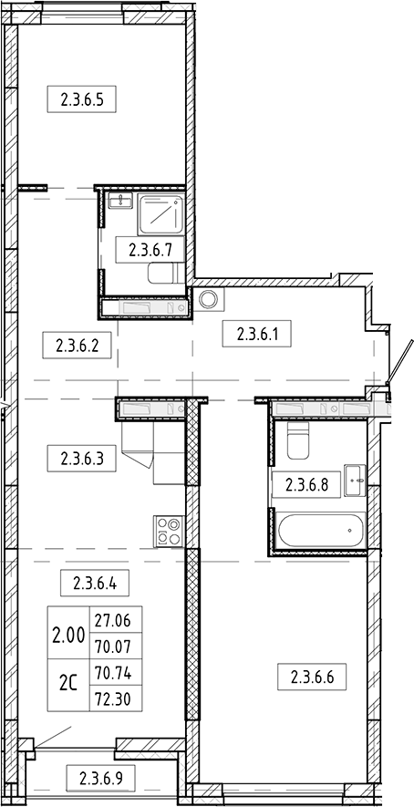 Планировка 3е-к. квартира 70.07 м² в ЖК «Европейский берег»