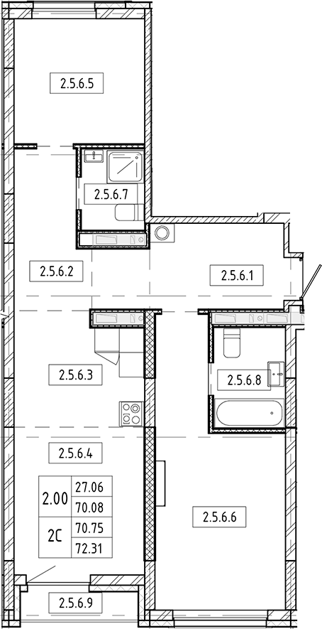 Планировка 3е-к. квартира 70.08 м² в ЖК «Европейский берег»