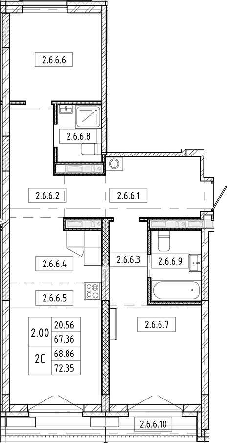 Планировка 3е-к.кв 67.36 м² в ЖК «Европейский берег»